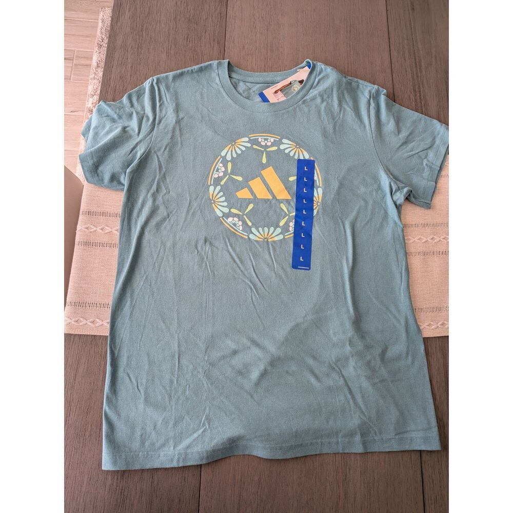 NWT adidas Women's Floral Soccer Ball Graphic T-Shirt Powder Teal - Large